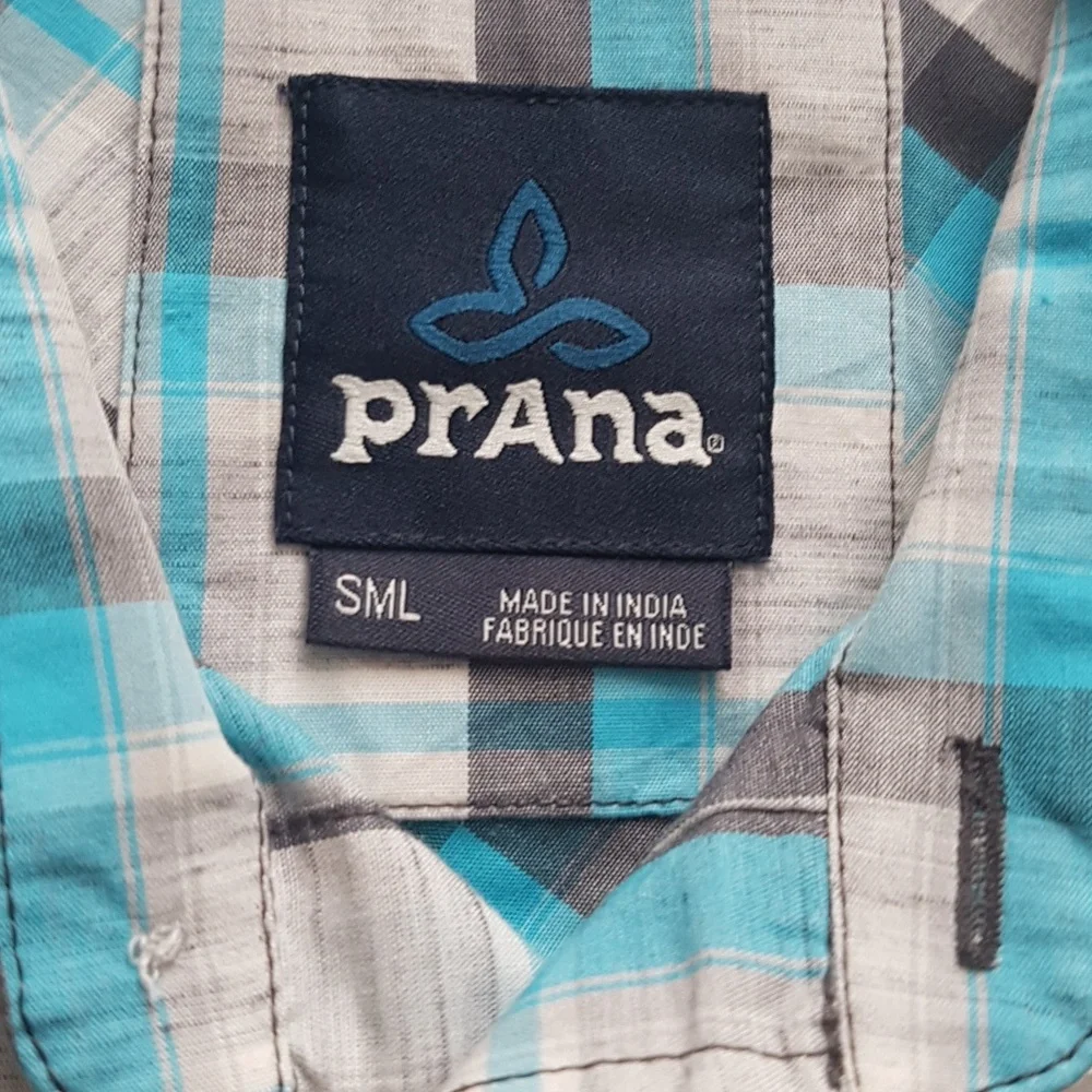 Men's Prana Short Sleeve Blue Plaid Organic Cotton Blend Button Down Size S - Picture 2 of 13